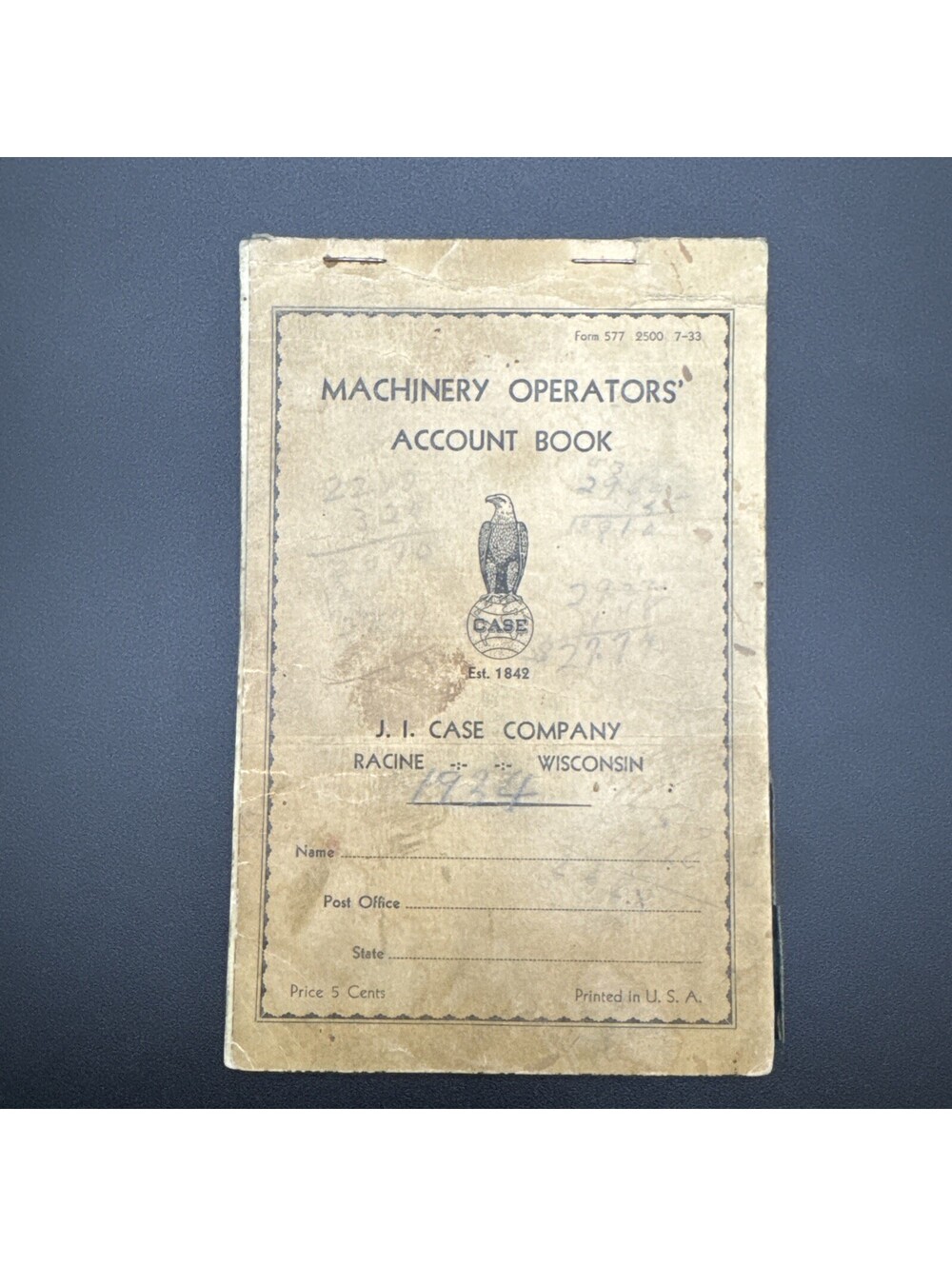 Vintage Machinery Operators Account Book - 1934 J I Case Co Racine WI